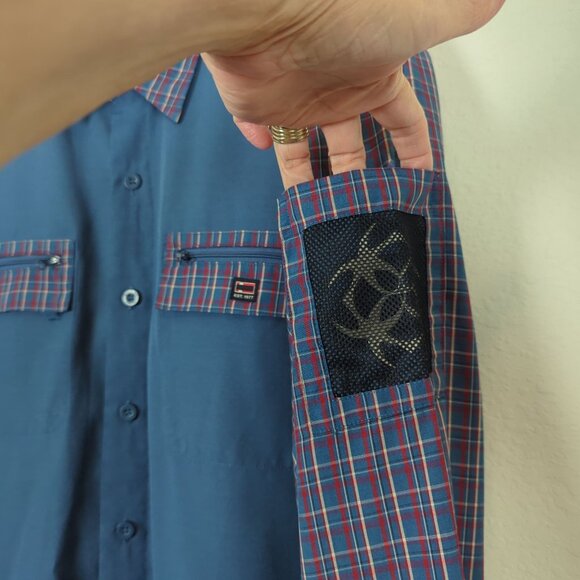 Bugle Boy Plaid Men's Vintage Blue Shirt M Patchwork Long Sleeve Retro Y2K - Picture 8 of 16